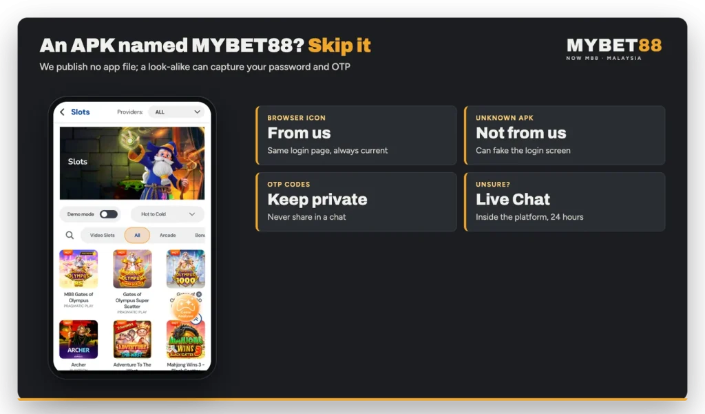 MYBET88 APK safety: browser home-screen icon versus an APK from an unknown site