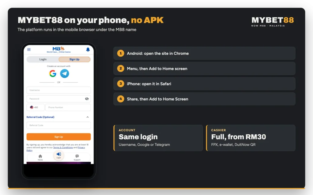 MYBET88 app on phone: MB8 in the mobile browser with Add to Home Screen steps for Android and iPhone