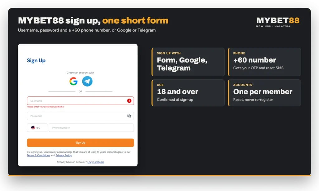 MYBET88 register form under MB8: username, password, +60 phone number, Google or Telegram sign-up